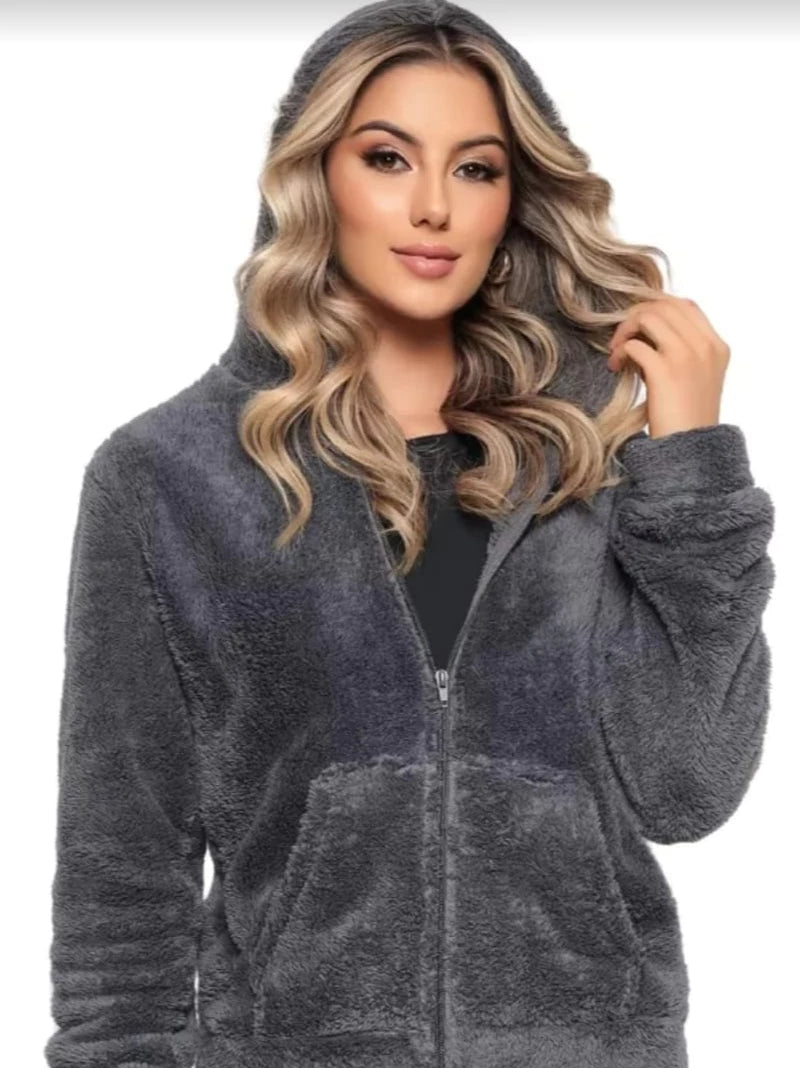 Blusa de Frio Feminina Pelúcia Moletom com Capuz e Ziper Femizza - Loja Femizza