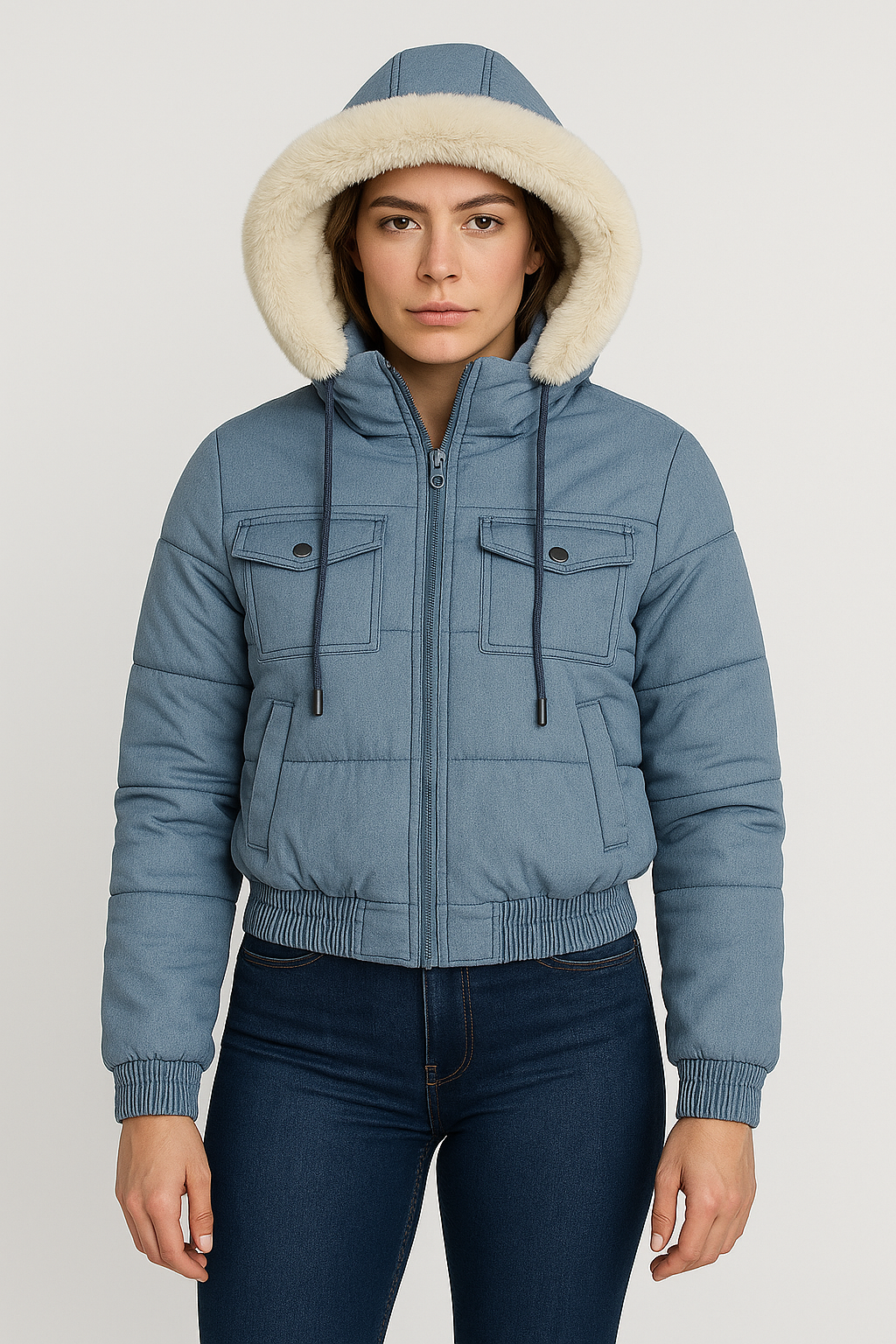 Jaqueta Jeans Feminina Forrada com Capuz Peluciado Femizza - Loja Femizza