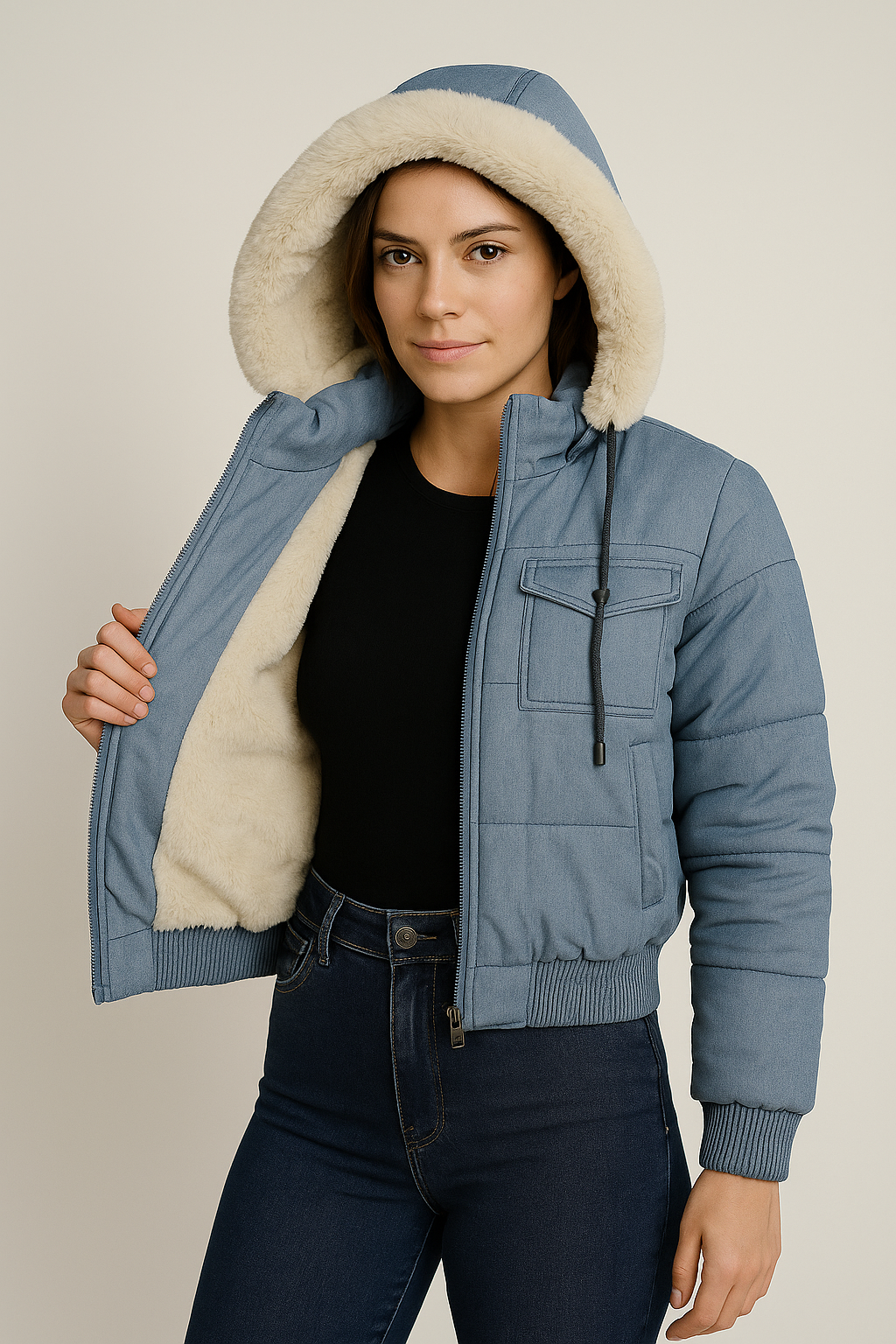 Jaqueta Jeans Feminina Forrada com Capuz Peluciado Femizza - Loja Femizza