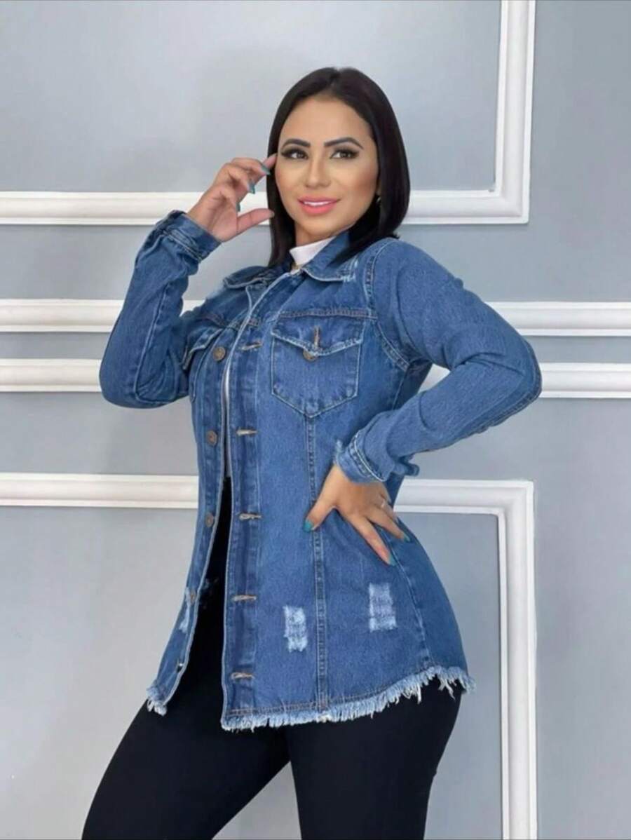 Jaqueta Jeans Feminina Sofia Barra Desfiada - Loja Femizza