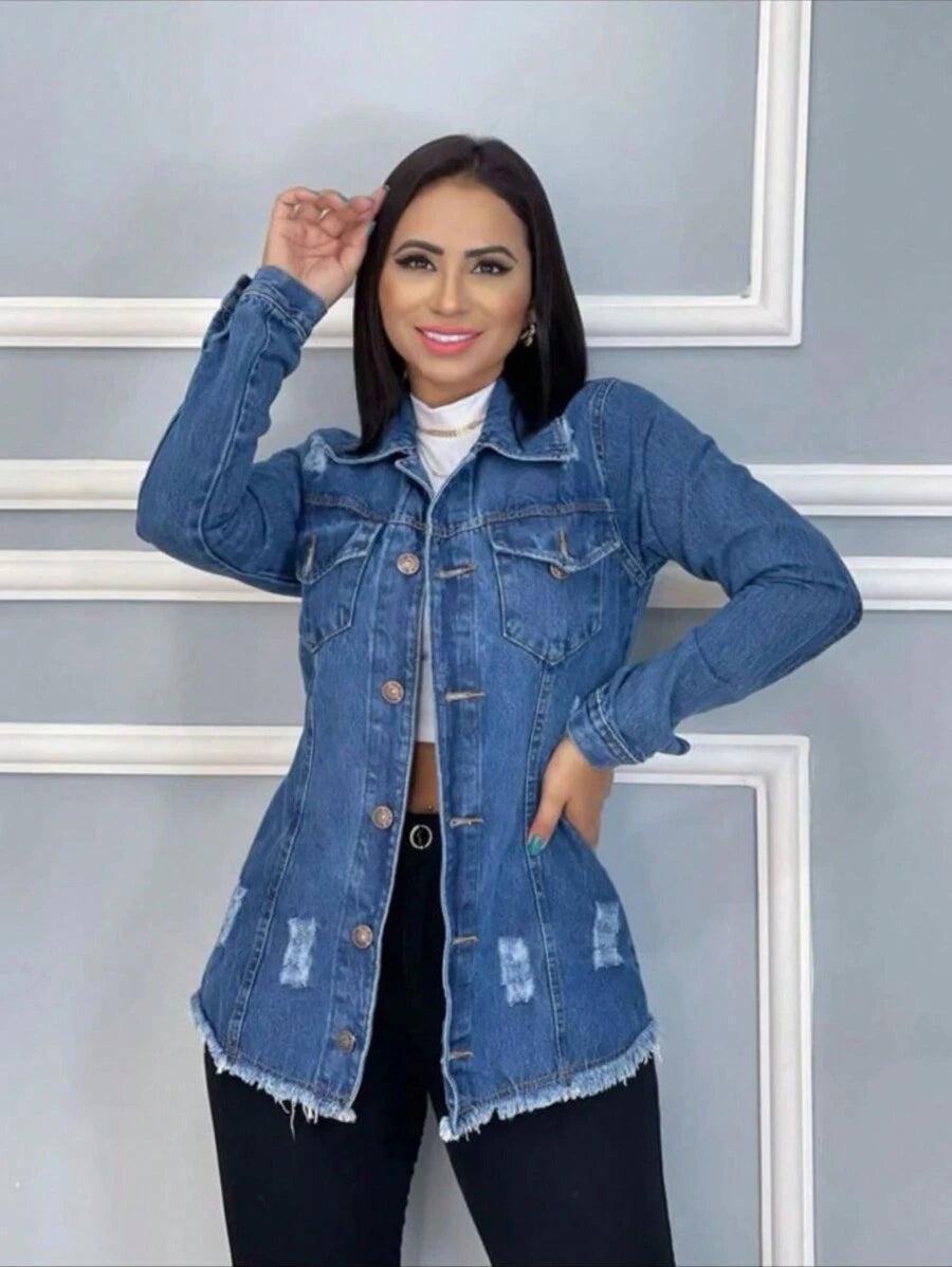 Jaqueta Jeans Feminina Sofia Barra Desfiada - Loja Femizza